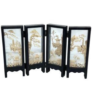 Vintage Asian Carved Cork Diorama Black Lacquer 4 Panel Mini Folding Screen